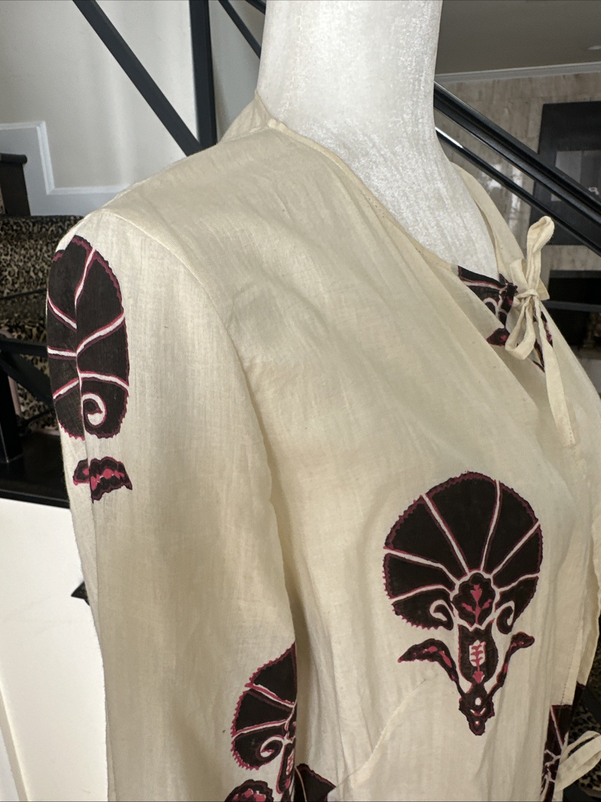 Muriel Brandolini VTG Graphic Print Long Cotton Tied Kaftan For Beach/Lounging S