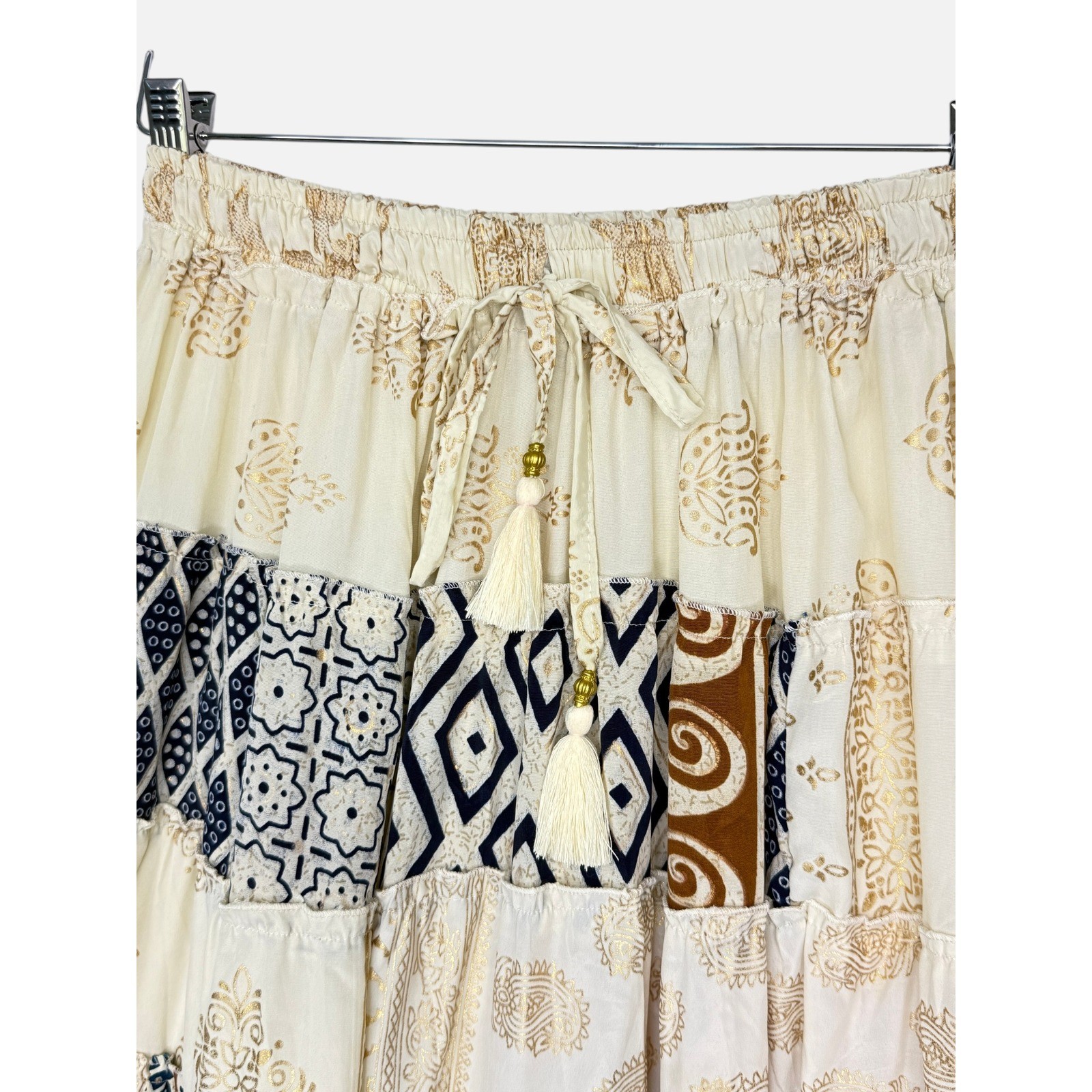 Handmade Boho Patchwork Maxi Skirt Small Cream Gold Paisley Tiered Festival
