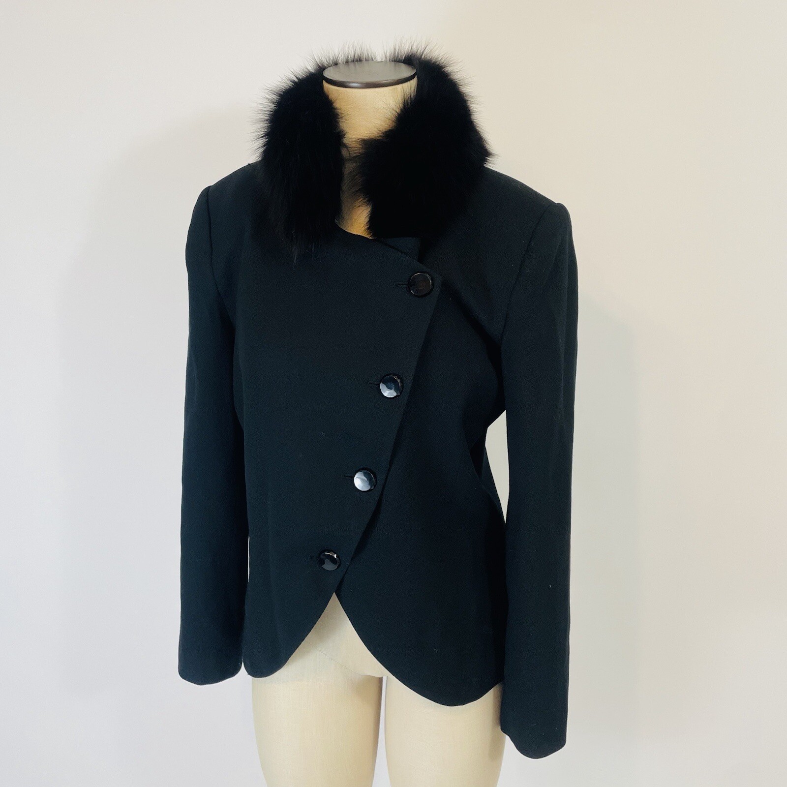 Vintage Faux Fur Wool Military Blazer Jacket Women’s Size 10 Black Evening