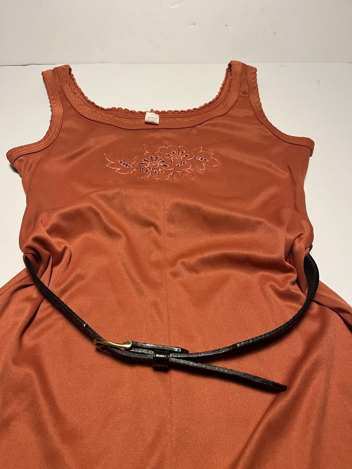 Vintage 60s 70s Size S/M Polyester Orange Dress Leather Belt