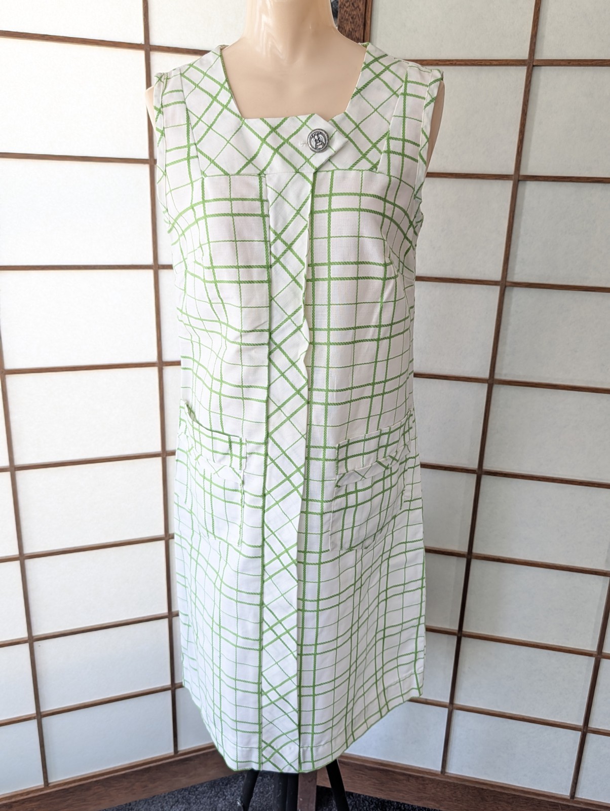 Vtg 1970s A-Line Shift Day Dress Light Weight NWOT Size M/L Mod Plaid Sleeveless