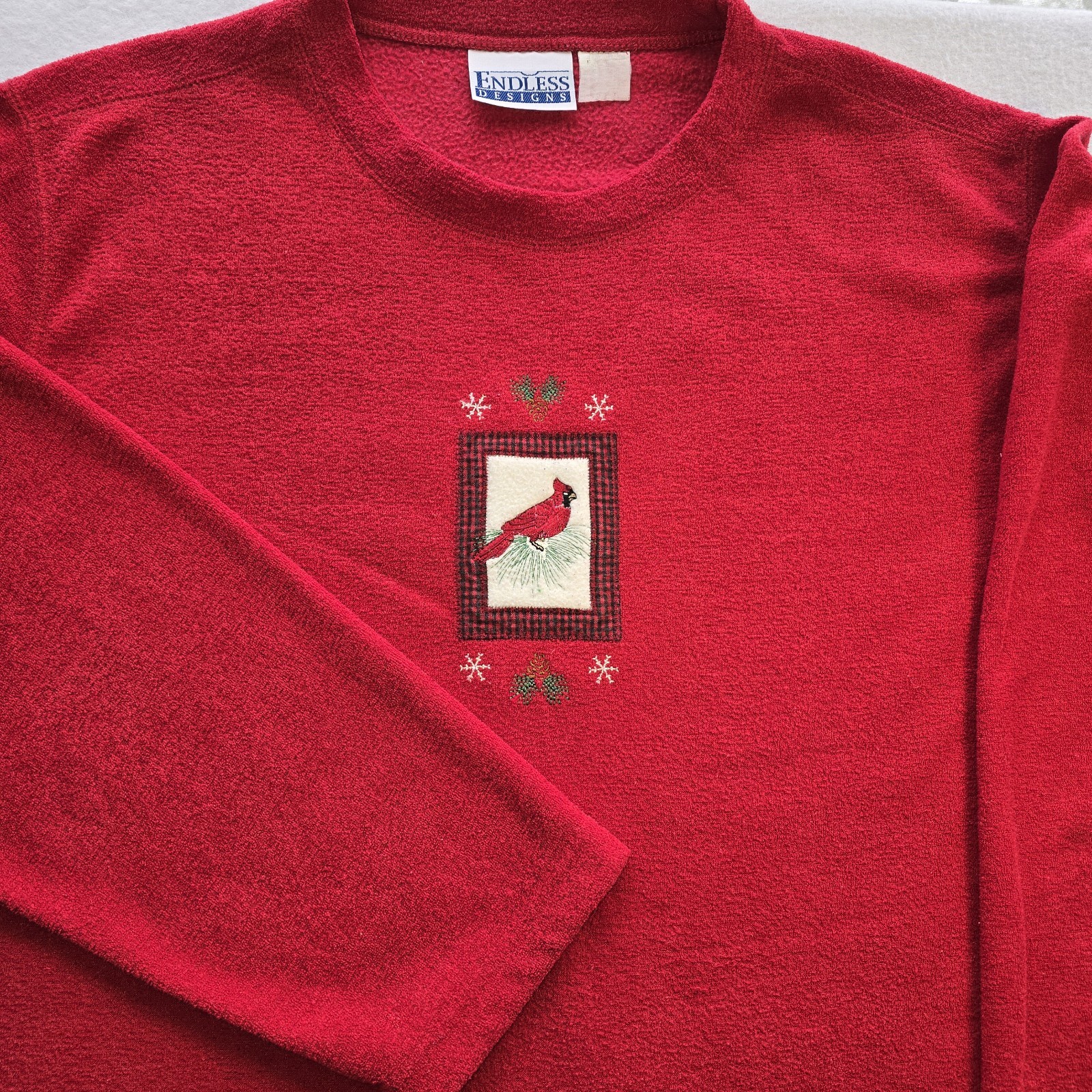 Vtg Endless Designs Red Cardinal Christmas Sweatshirt Embroidered Grannycore