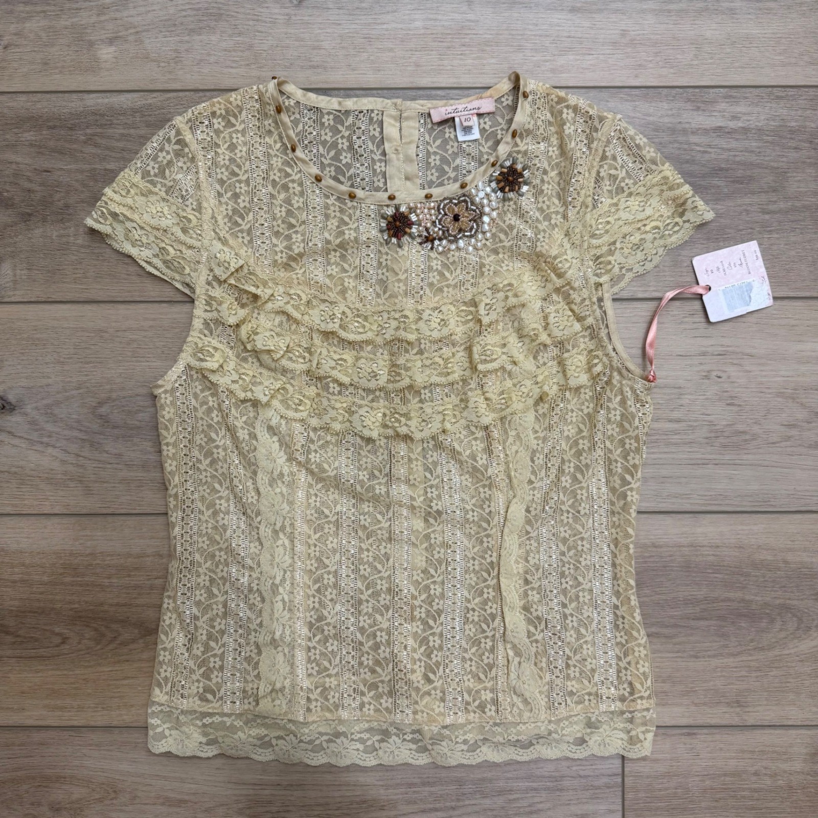 Intuitions Vintage Sheer Lace Real Pearl Beaded Ruffle Romantic Coquette Top 10