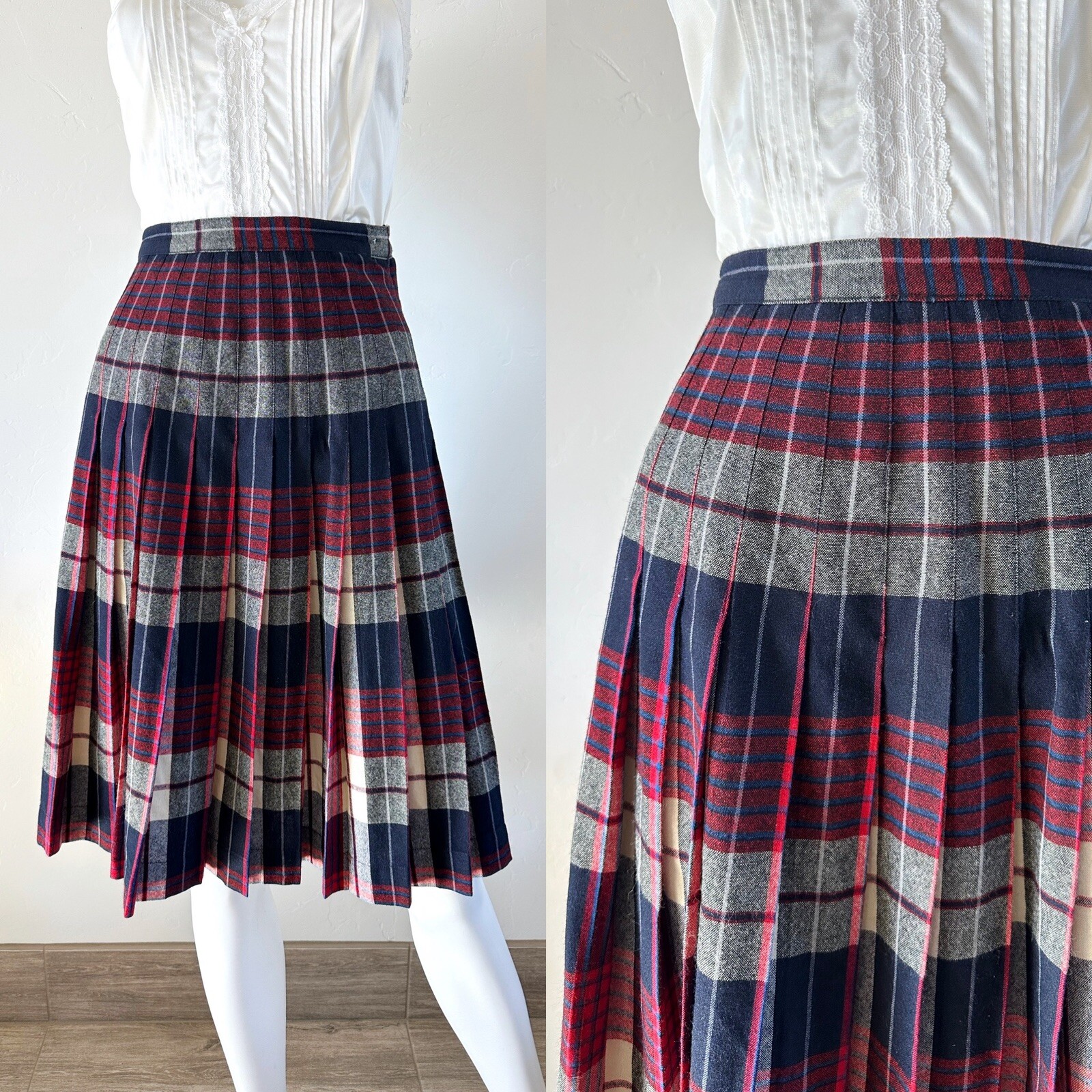 VTG 70S CENTURY OF BOSTON REVERSIBLE PLEATED PLAID SKIRT PREPPY FITS XS/0 24″W