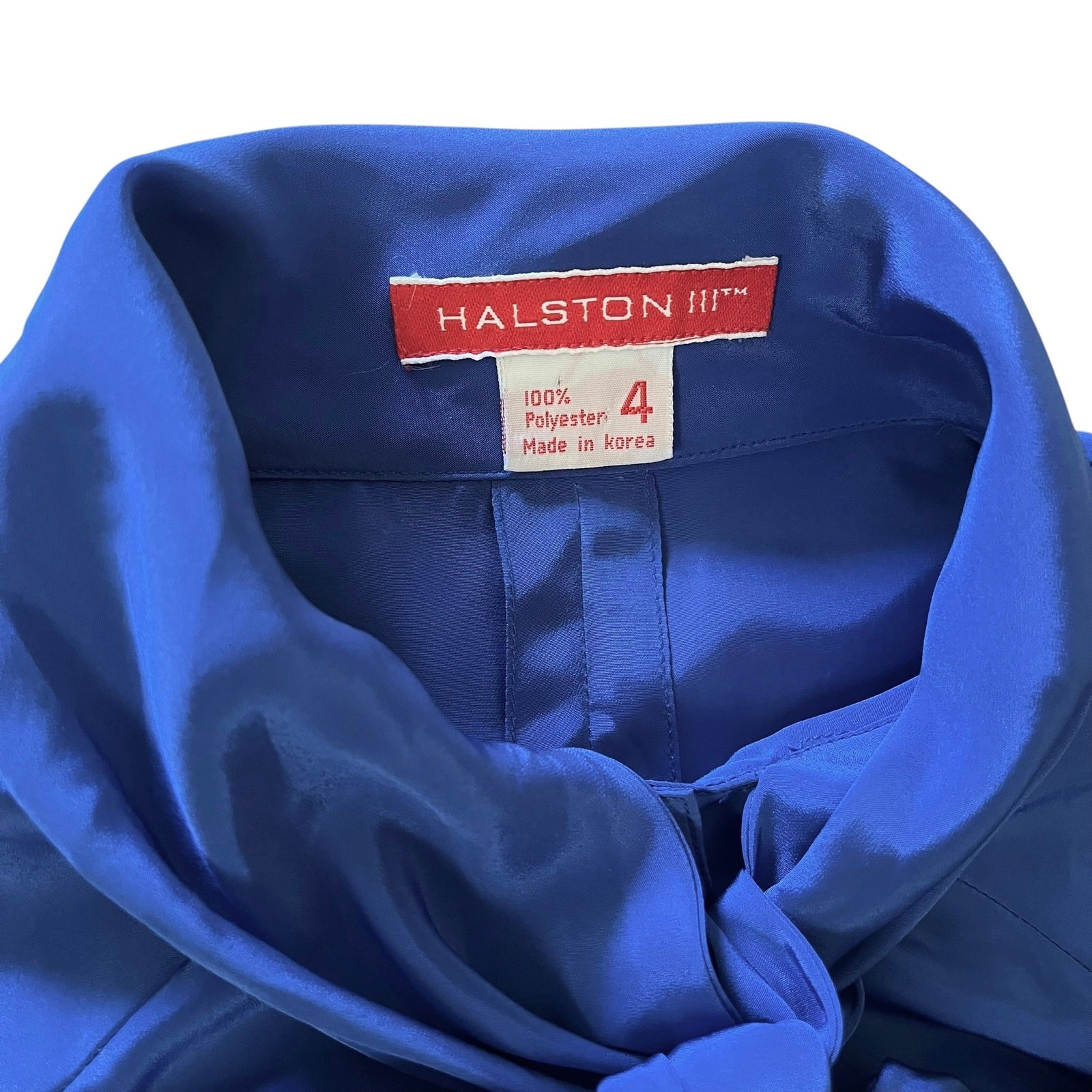 Vintage Halston III Blue Satin Tie-Neck Blouson Midi Secretary Shirt Dress XS/S