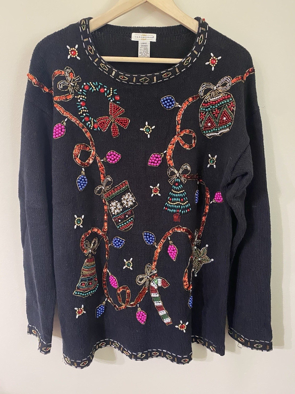 Vintage YarnWorks Beaded Sequin Christmas Sweater Tree Wreath Ornament Star L