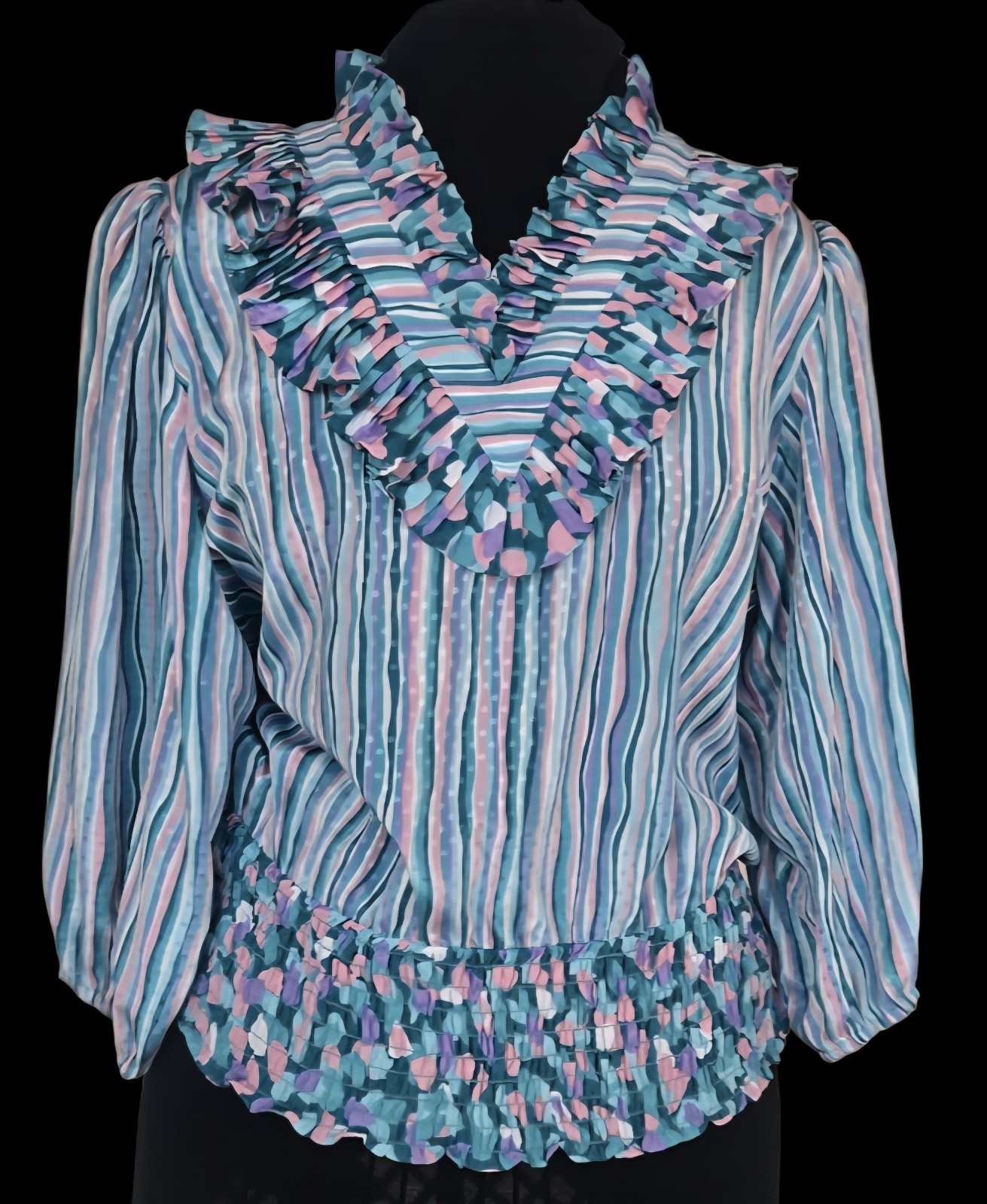 1980s SUSAN FREIS 2pc Smocked Ruffled Collar Blouse And Pleated Skirt Set Size S