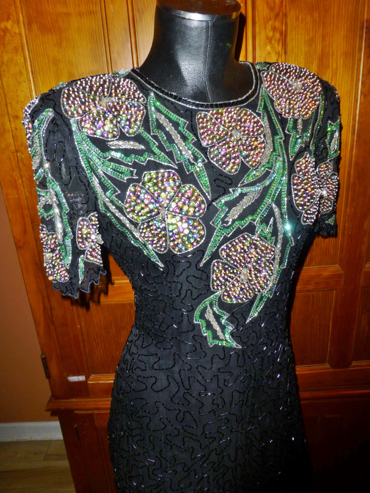 Vtg 80s SCALA Sequin Beads SILK Embroidery GLAM Cocktail Evening Party DRESS PL