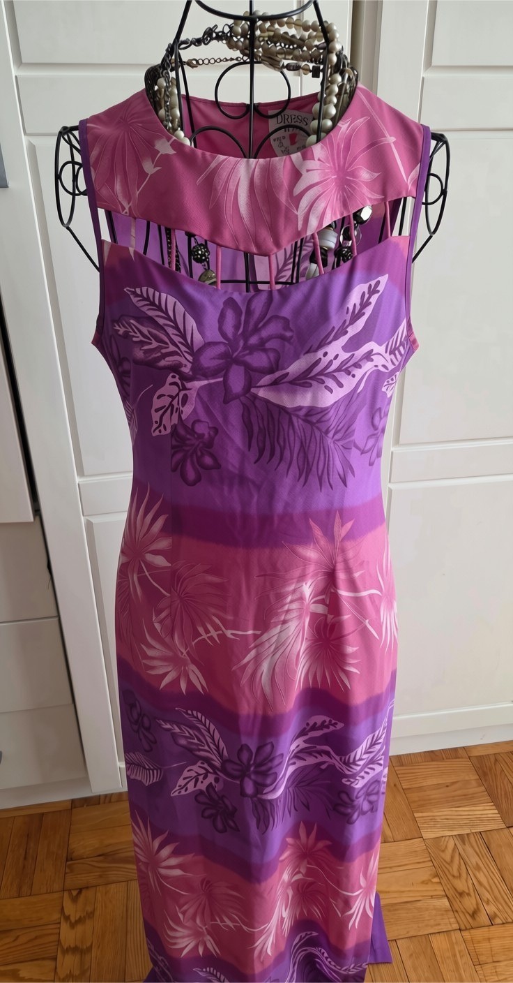 Vintage Dress-u Pink &purple Ombre Hawaiian Cut-out Sleevless Long Dress Sz9/10