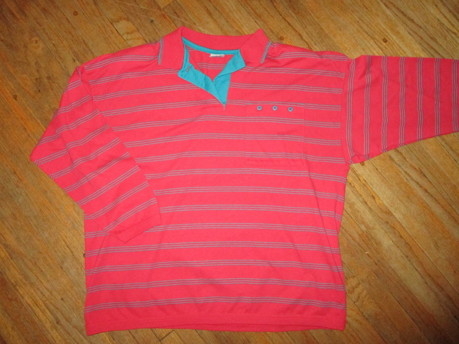 vtg 1980s CHESTERFIELD WOMAN POLO RUGBY SHIRT Salmon Pink Red Stripe Size 20W