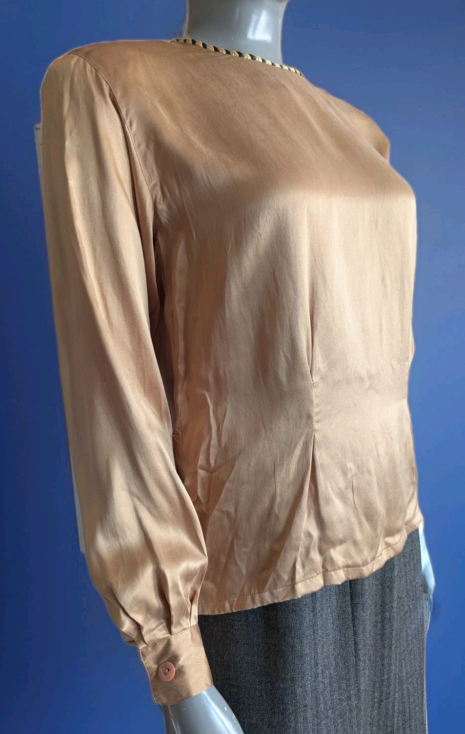 Vintage 1980s Casual Corner 100% Silk Satin-Finish Bronze Blouse Rope Trim 4