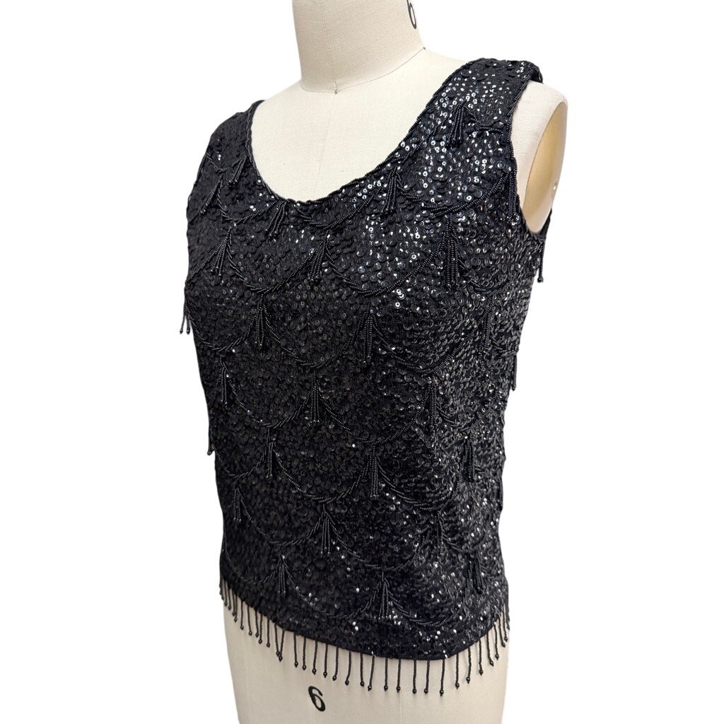 VTG 1950s Black Sequined Beaded Shell Top Wedding Cake Tassels Wool S