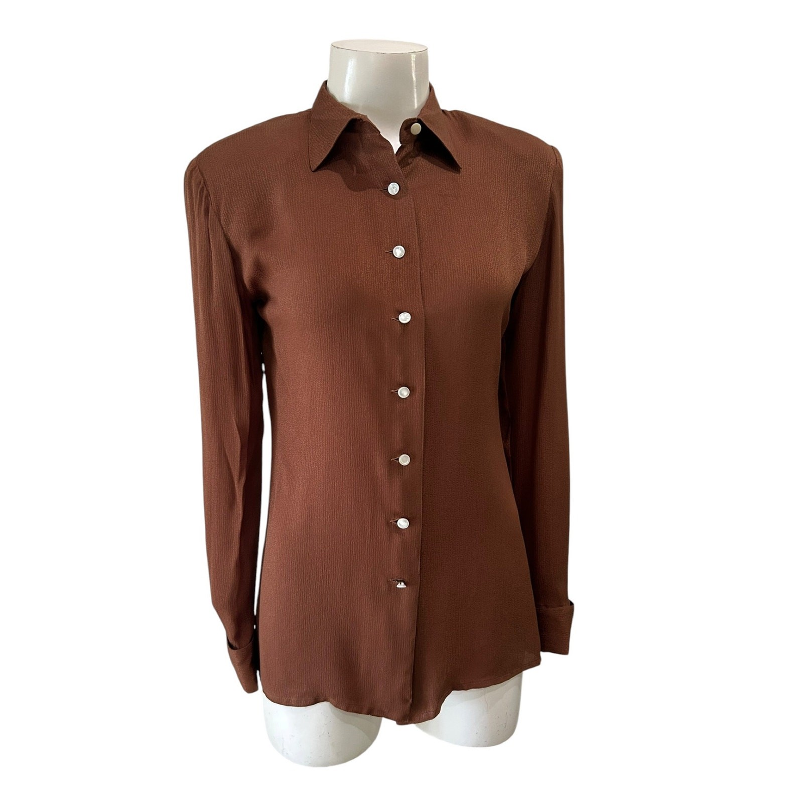 Vintage GUCCI Silk Blouse Brown Italy Button Front Shirt S French Cuff ^