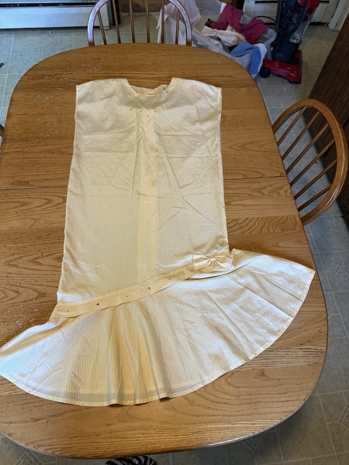 Vintage Pastel Yellow Drop Waist Flapper Dress Rhinestone Bow 42″ x 20.5″