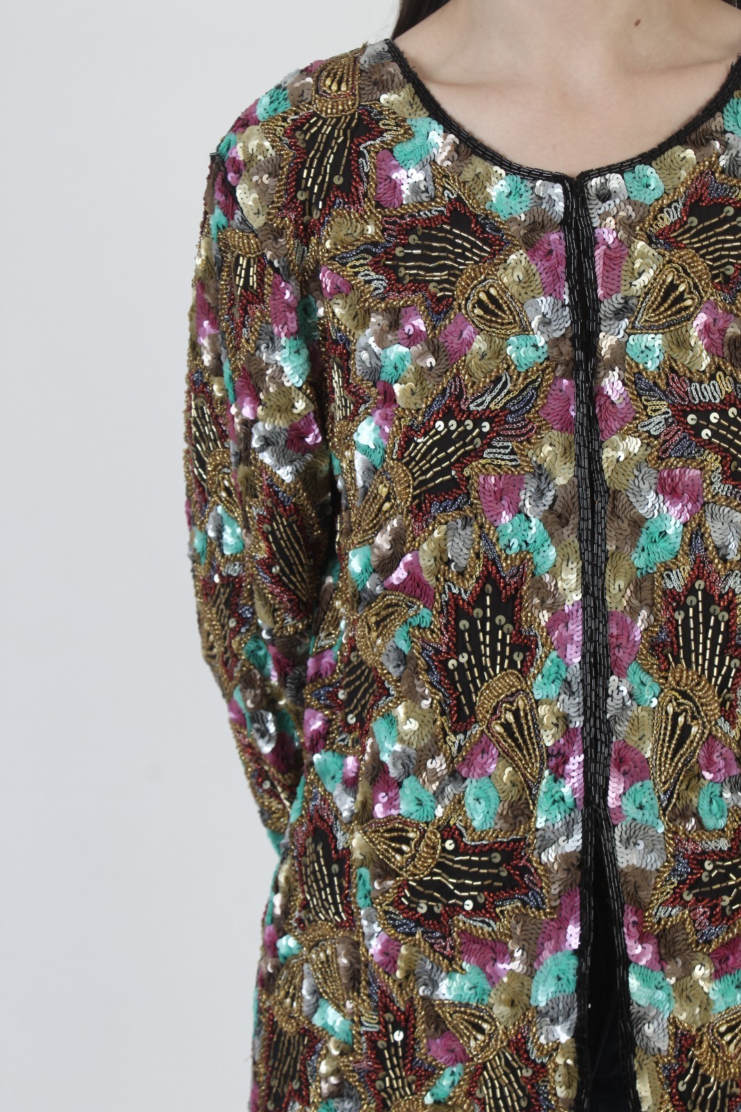 Vintage 80s Beaded Sequin Blazer Colorful Encrusted Sparkle Cropped Jacket