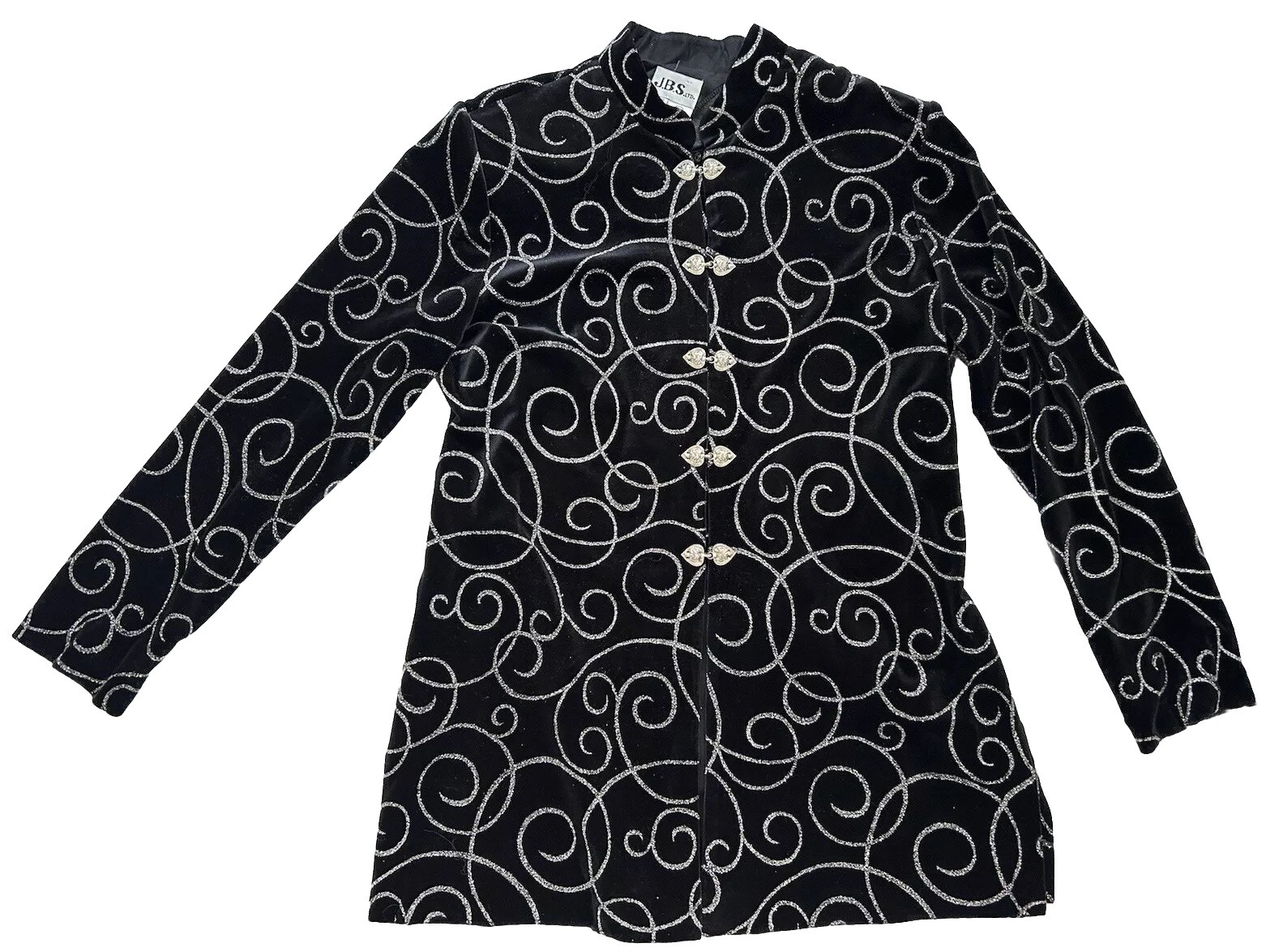 Vintage BLACK VELVET Silver Glitter Mandarin Collar Jacket Size 12 Women JBS LTD
