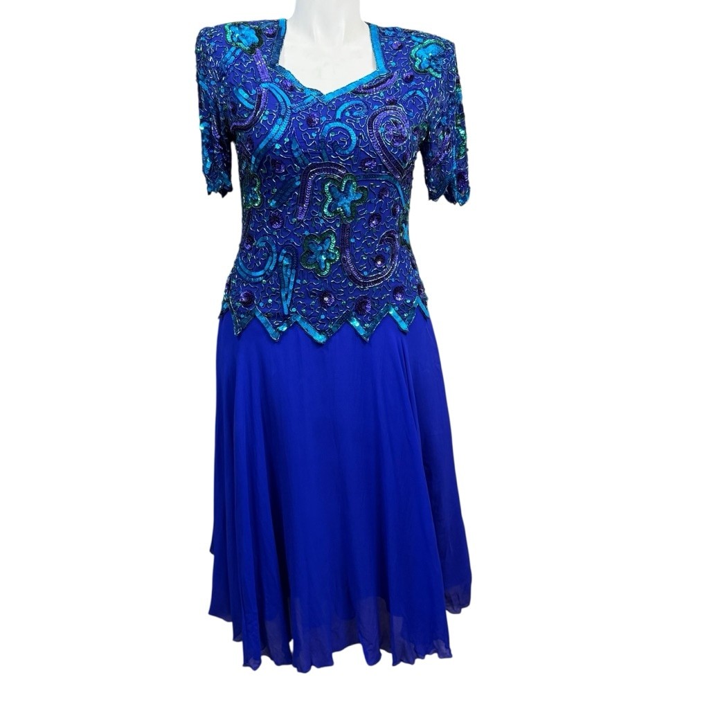 Vintage Brilliante by J.A. Silk Beaded Sequin Evening Gown Blue Purple Green Wom