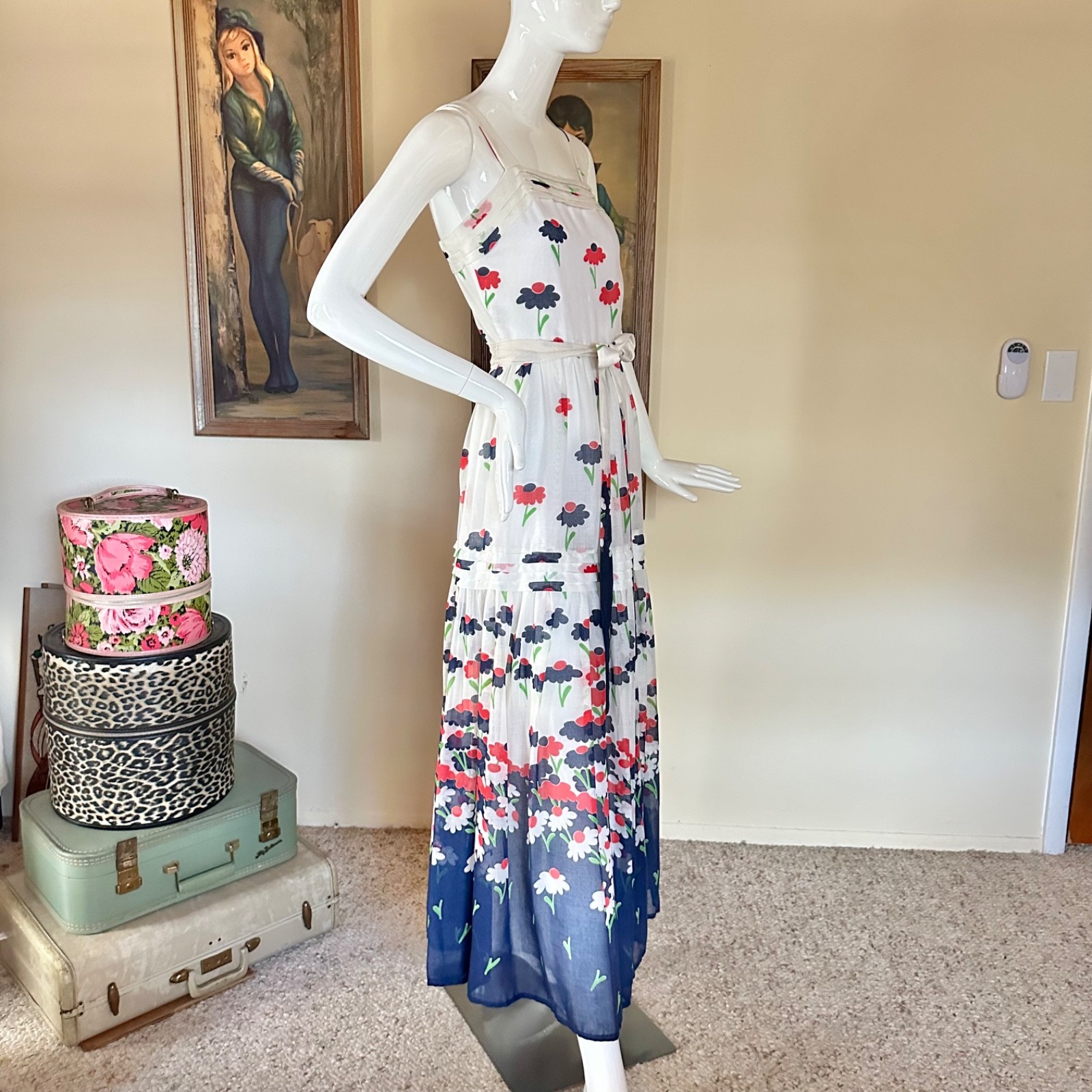 Vintage 1970s Hippie Daisy Garden Maxi Dress Red White & Blue Sundress S