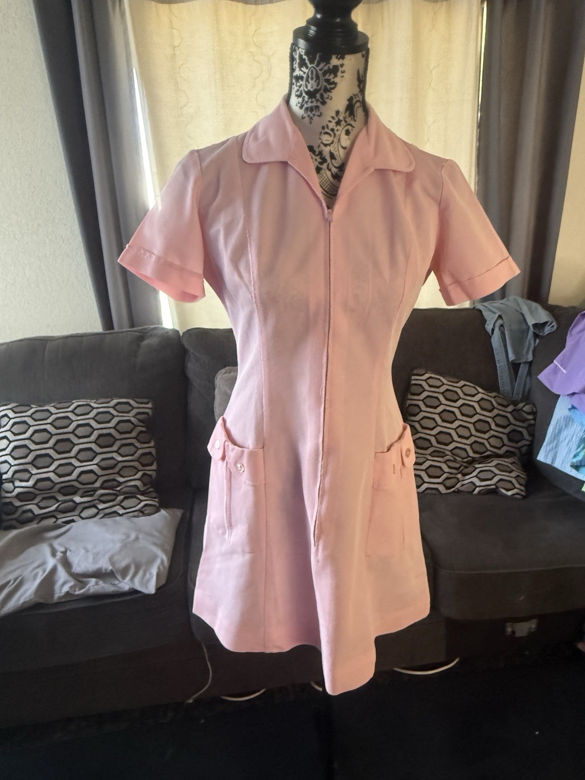 Vintage White Swan Uniform Pink Dress Size L Collar