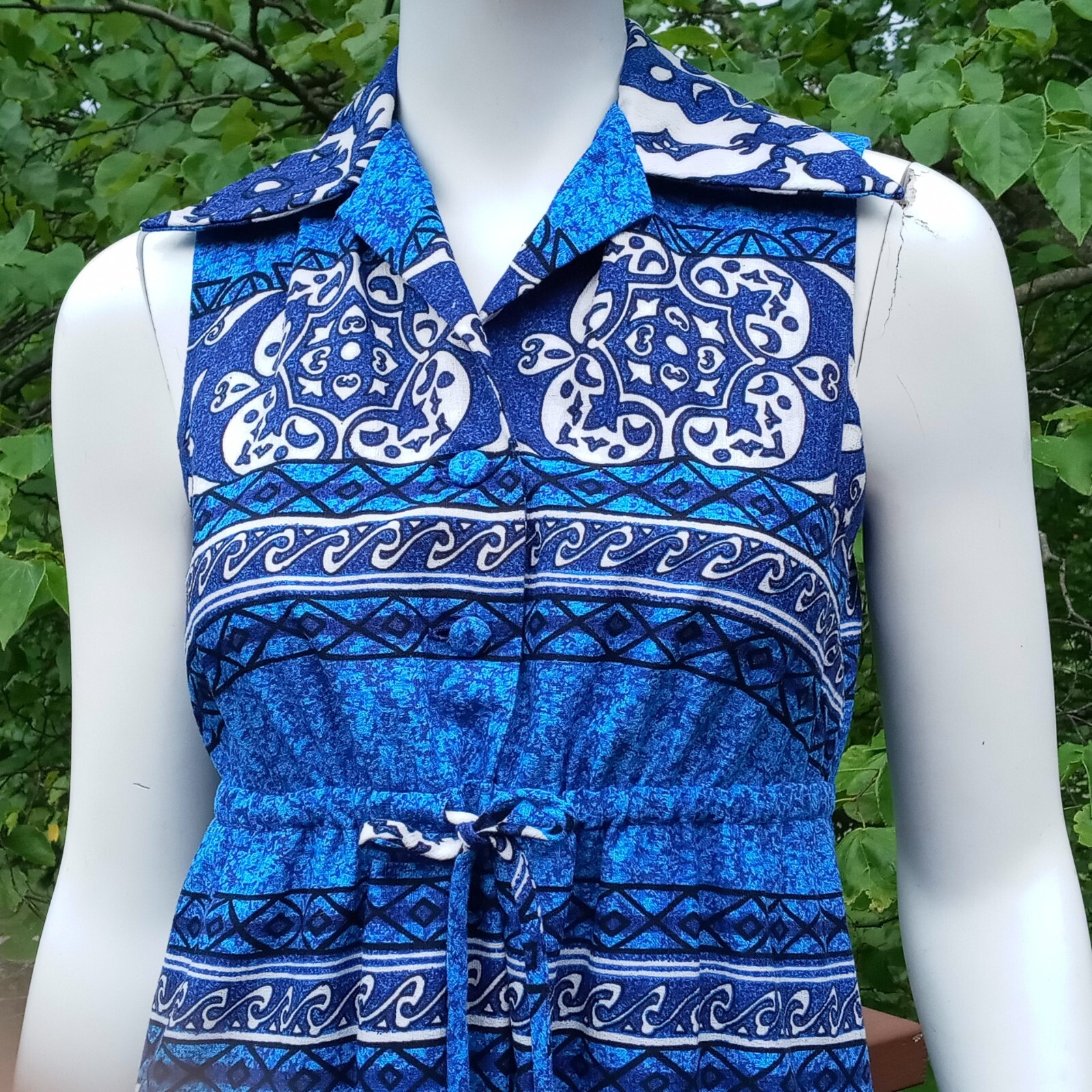 Penneys Hawaii VTG Small Barkcloth Maxi Dress Blue Tropical Sleeveless Collared