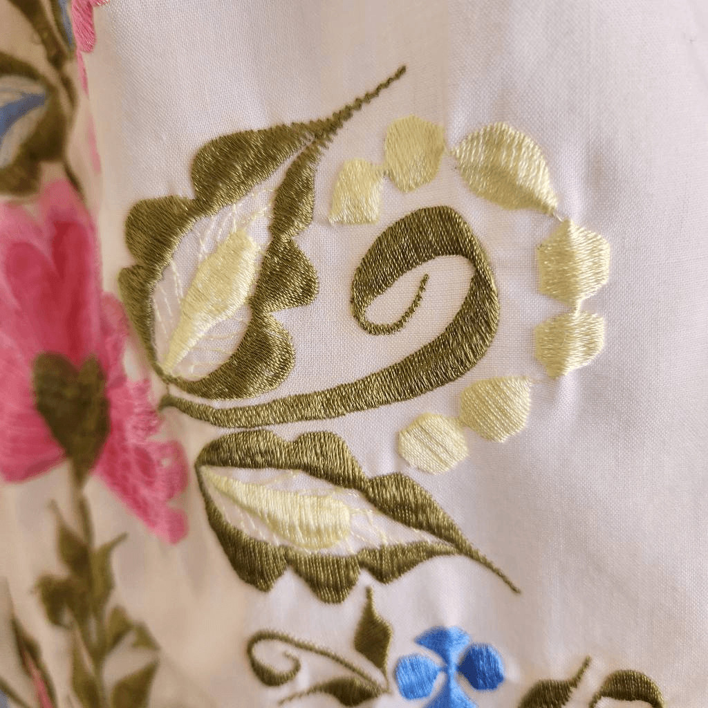 Mexican floral embroidered cream pastel maxi dress vintage Romantic Mexico ethni