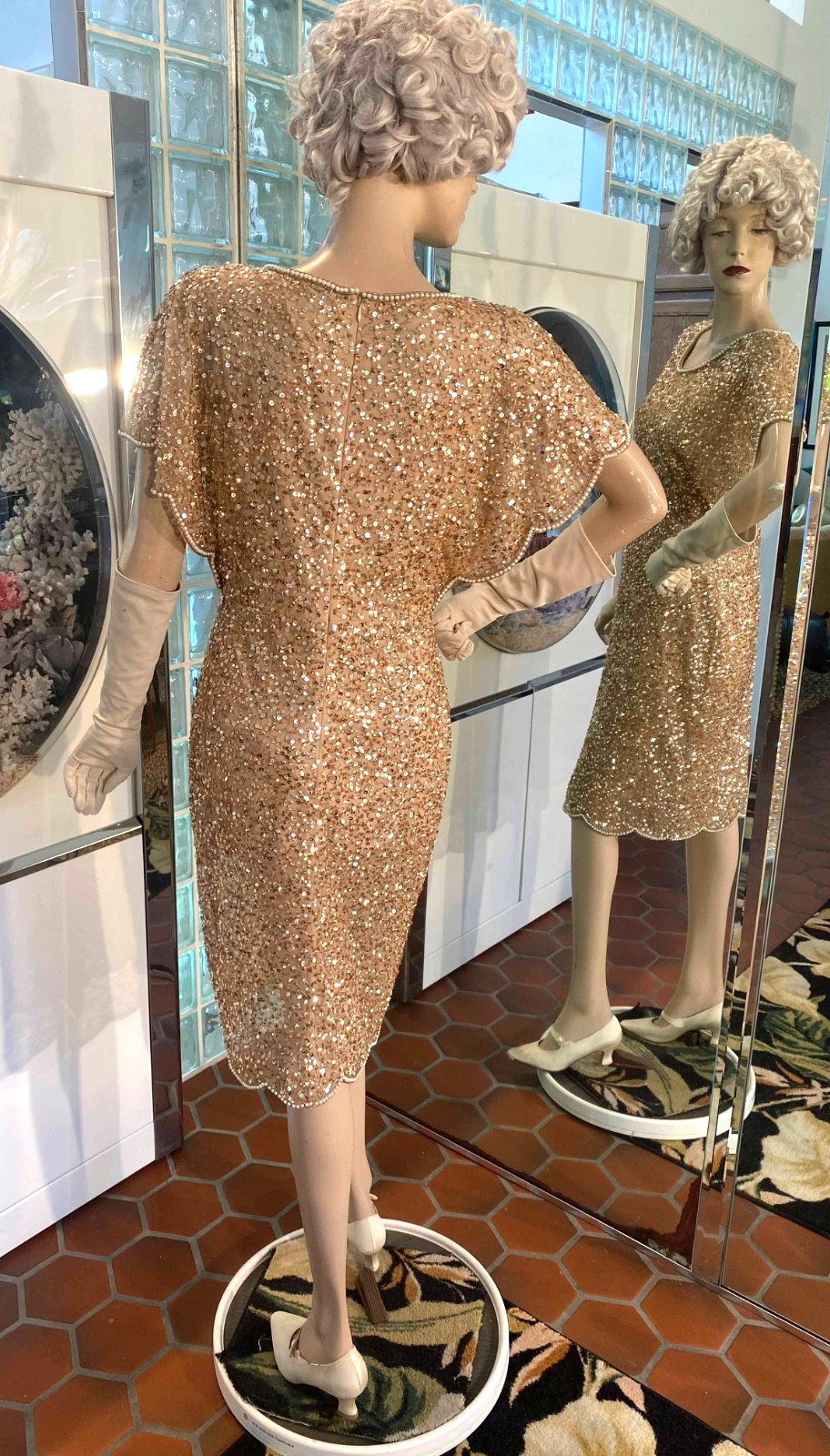VTG Papell Evening Gold Sequin Beaded Dress Butterfly sleeves Fairy Knee 10