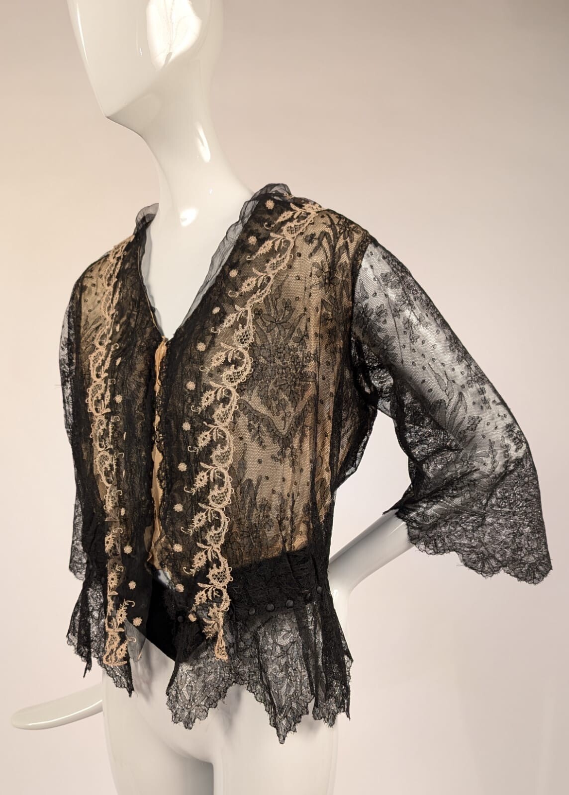 EDWARDIAN BLACK CHANTILLY LACE BLOUSE W CAT AND NINE TAIL PATTERN