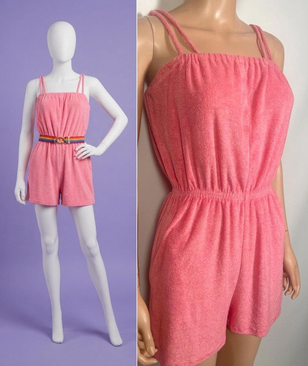 Vintage 1970s Bubblegum Pink Terry Cloth Romper With Pockets Size S