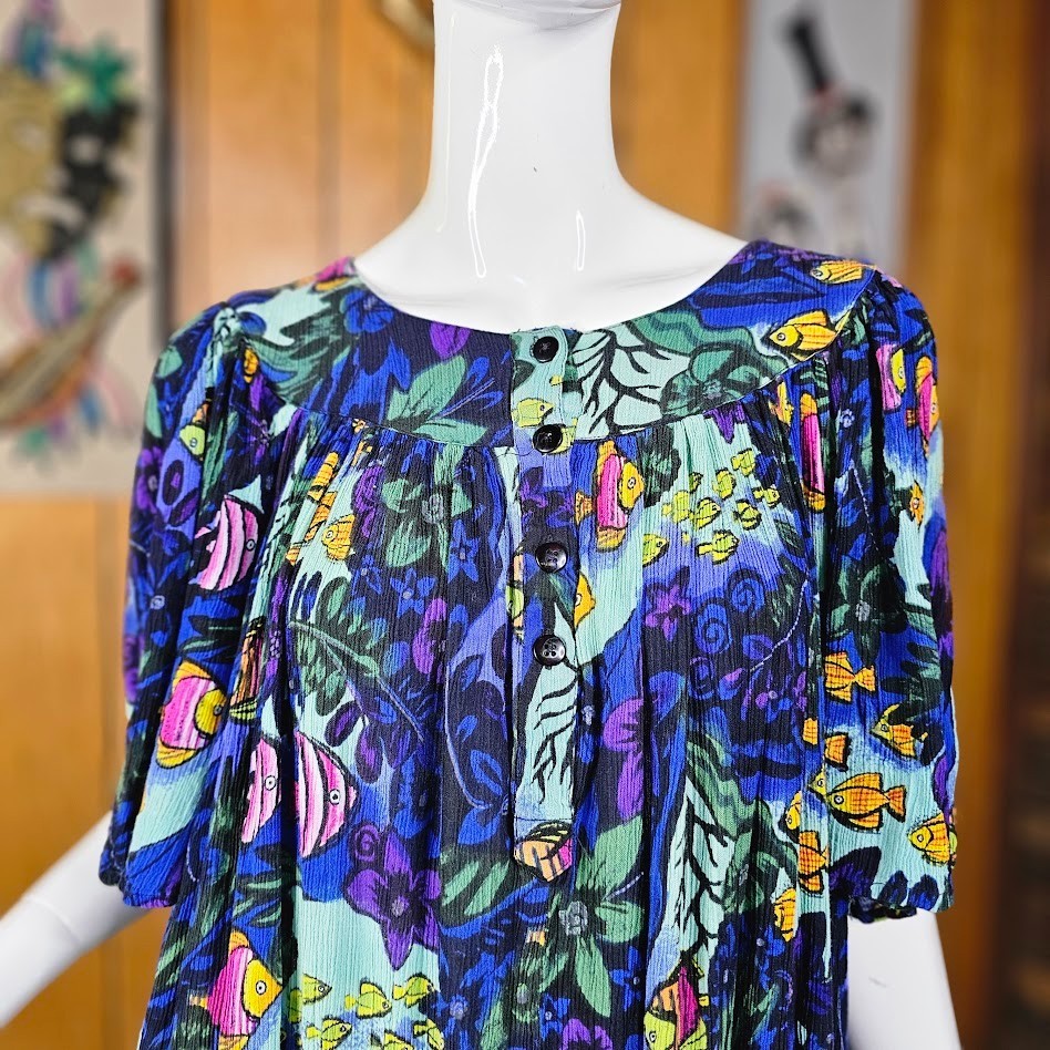 Vtg Mrs. Roper Lounge Caftan Volup Muumuu Tropical Fish Patio Pool Dress L/XL