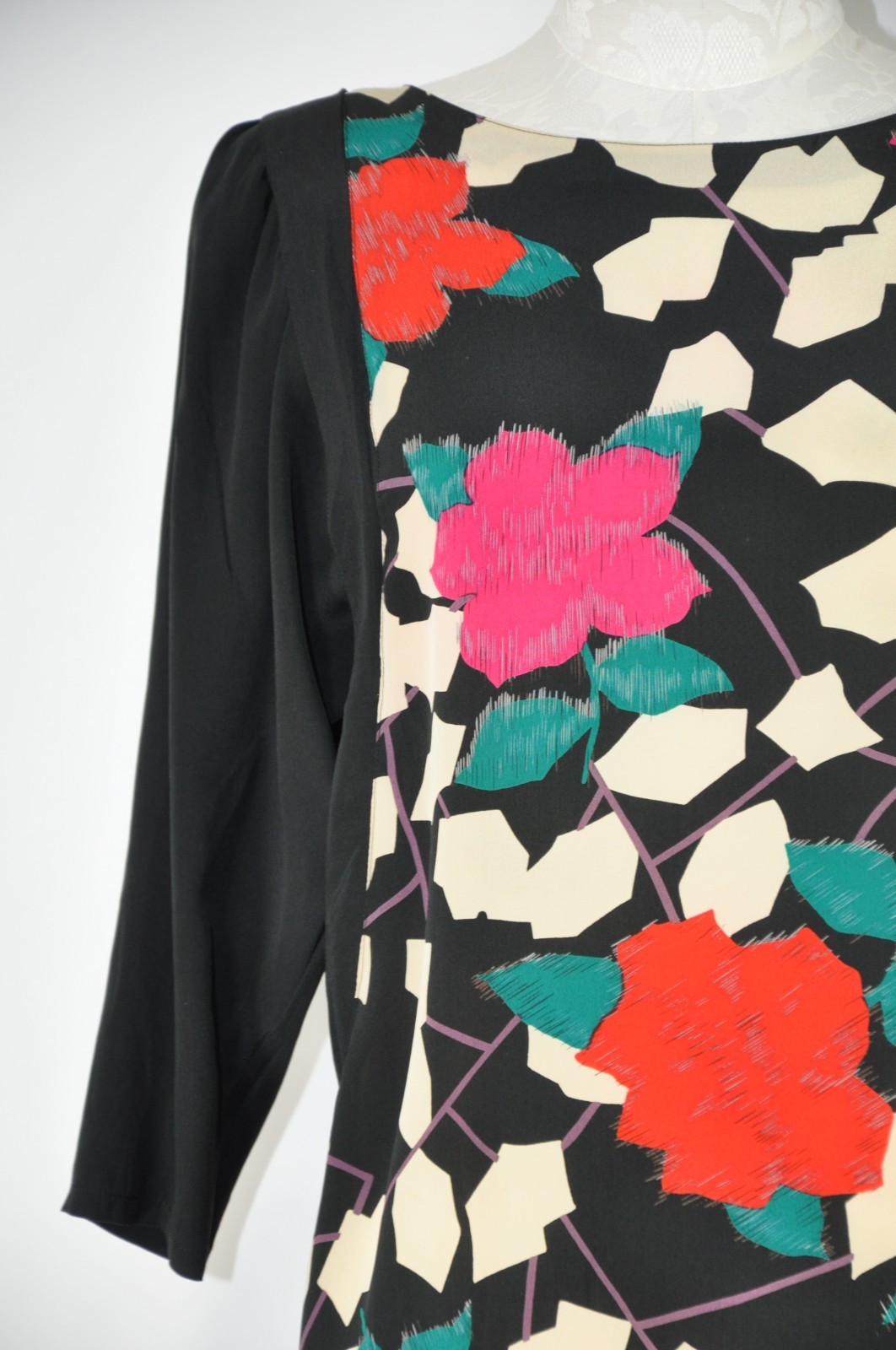 80s Vintage Nora Noh Silk Red Pink Rose Print Puff Sleeve Shift Dress Women S