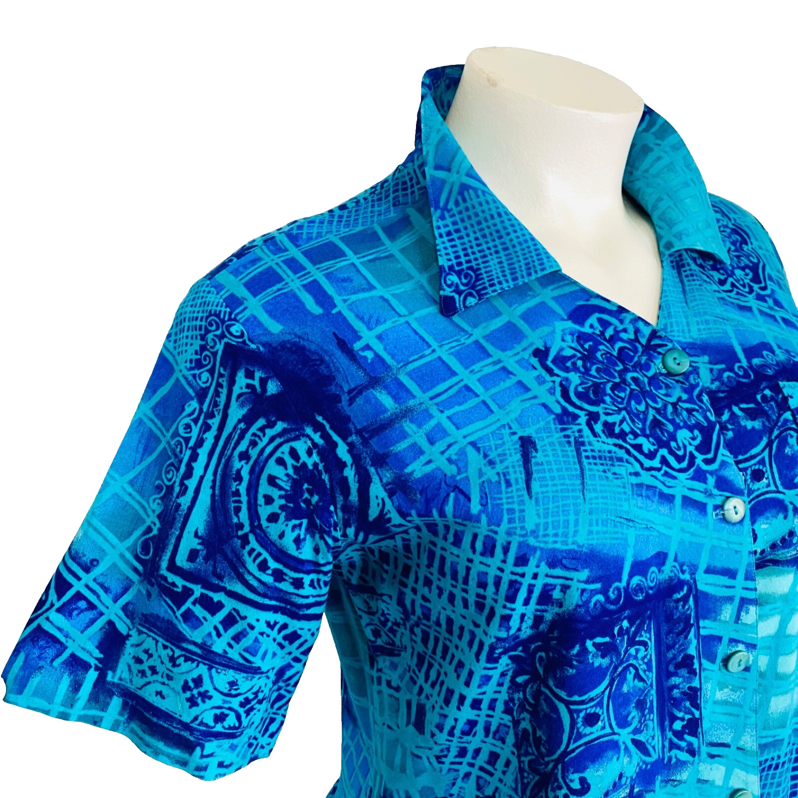 Vintage 1980s blue rayon blouse, L XL turquoise teal short sleeve collar 1990s
