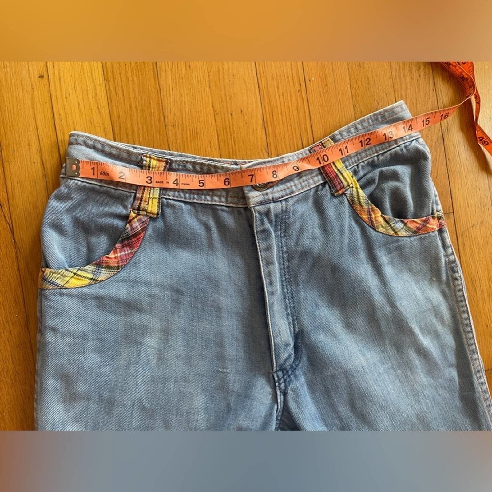 70s Vintage Faded Glory Light Wash Bell Bottoms w. Plaid Detailing