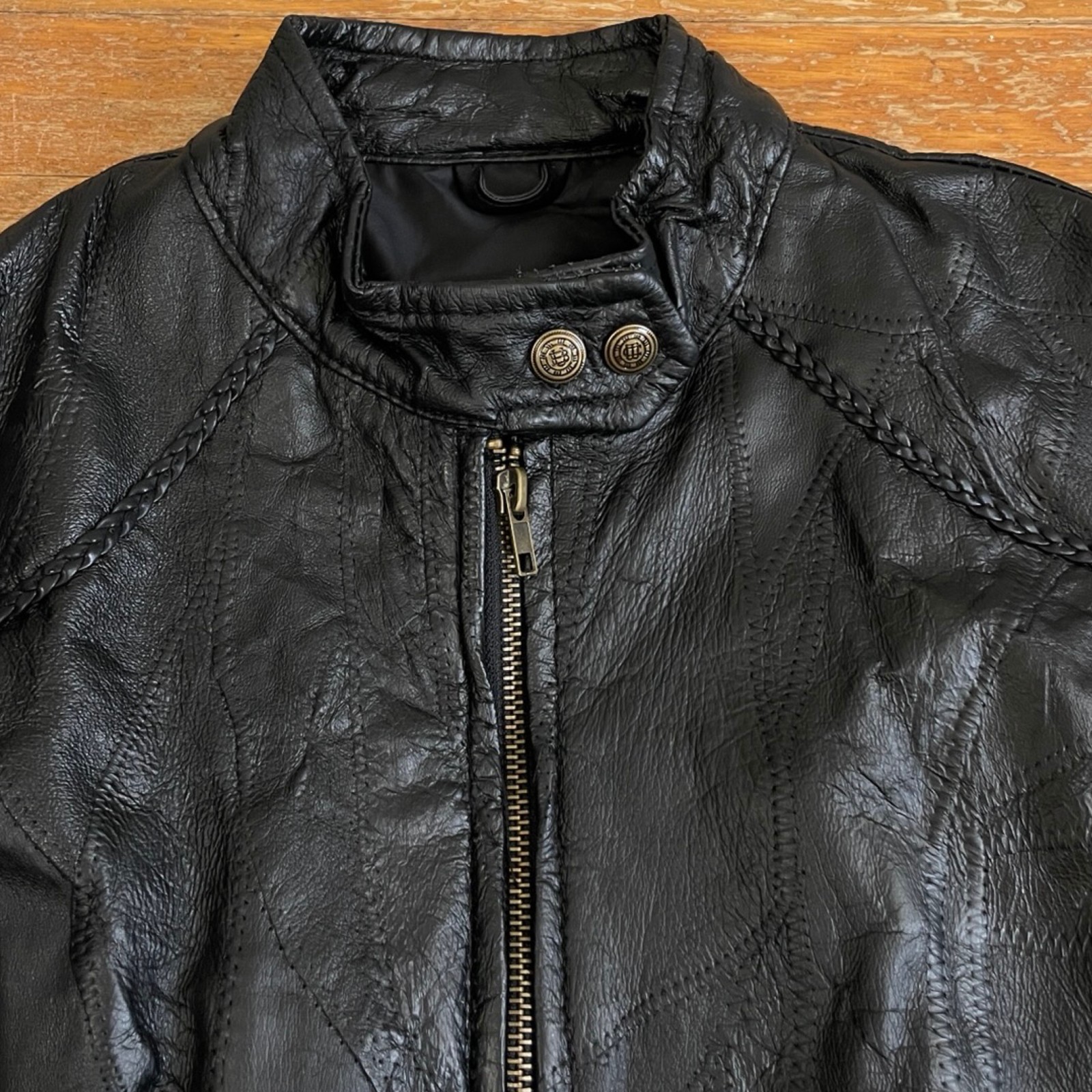 Vintage Patchwork Leather Jacket Size Medium 90s Black Motorcycle Biker Coat