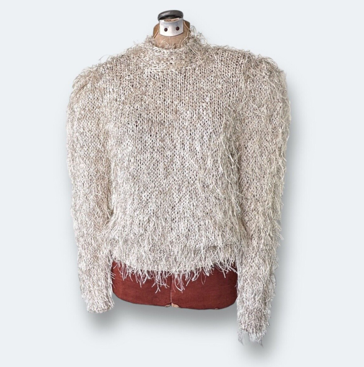 Estelle Womens Crochet Sweater Size Medium Vintage Fuzzy Beige Fringe Sweater