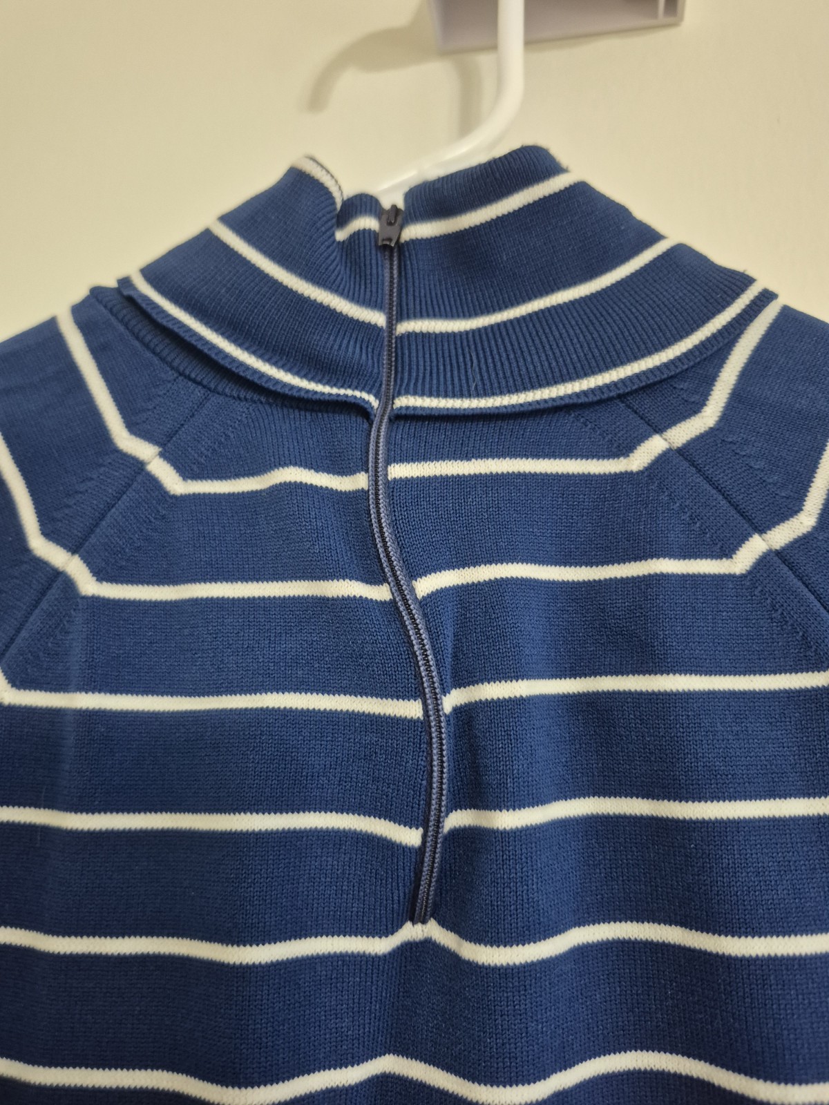 Vintage 70s Style Blue White Striped Ribbed Turtleneck Back Zip Women -Small