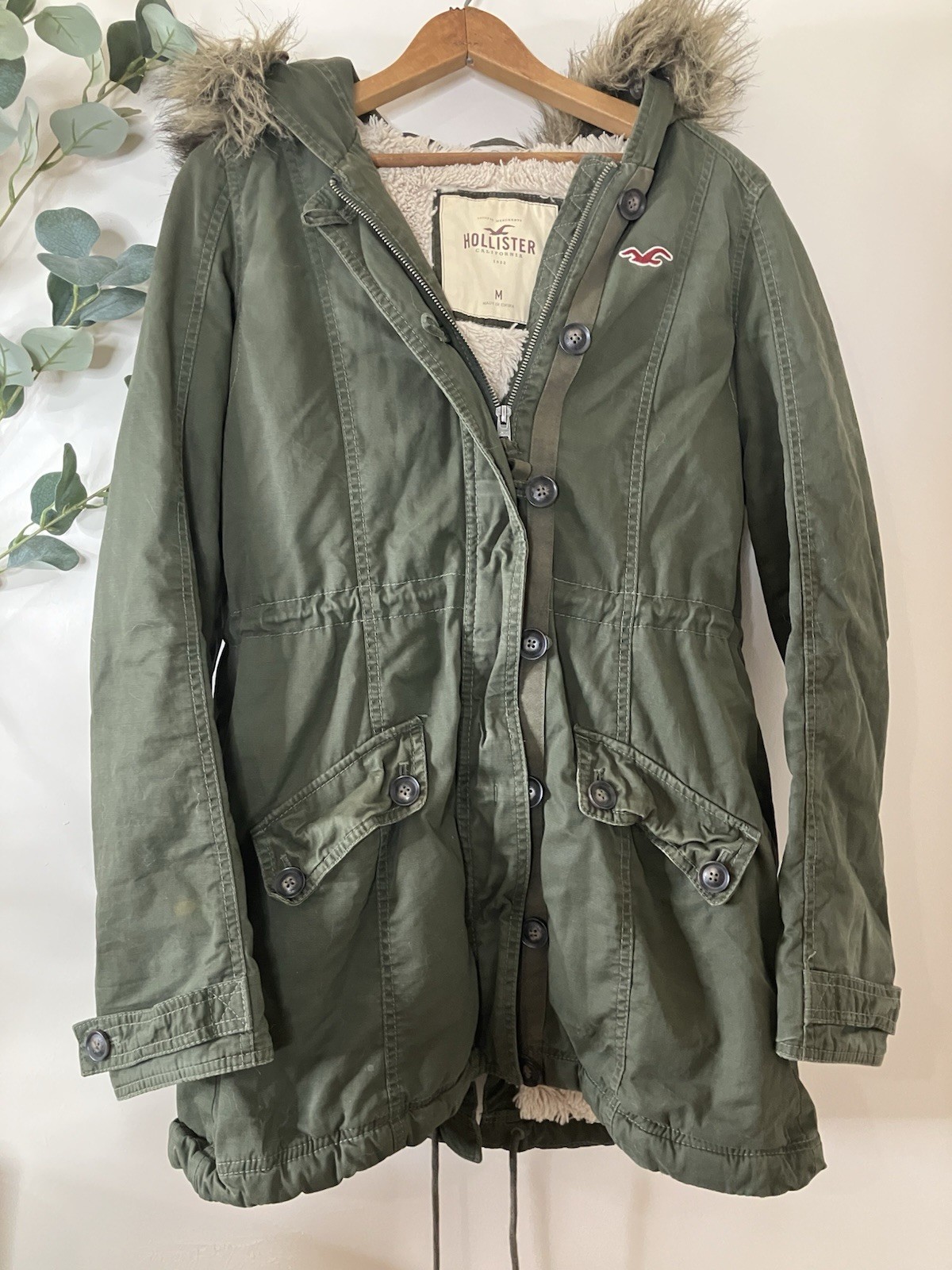 VTG Hollister Army Green Parka Jacket Sherpa Lined Womens M Y2K Faux Fur Hood