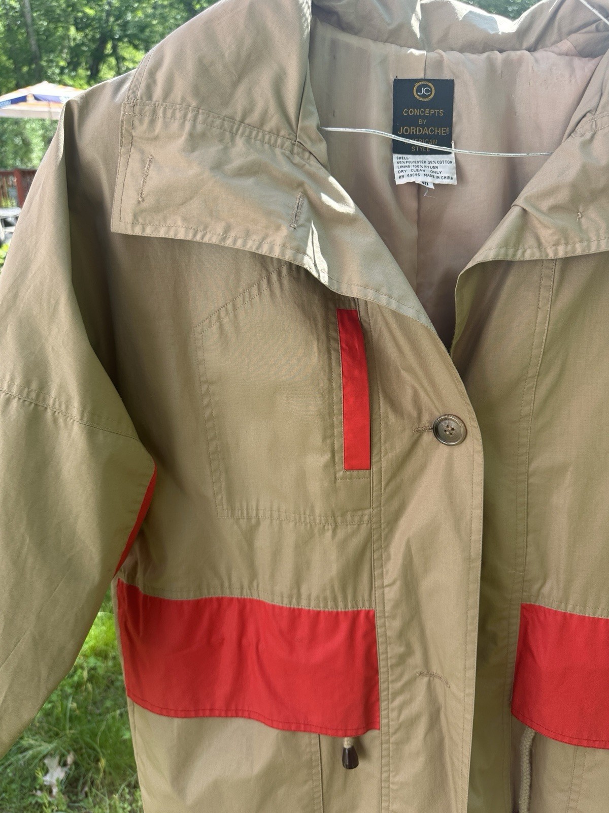 Vintage 80s/90s JC Concepts by Jordache Hooded Trench Rain Coat Khaki & Red