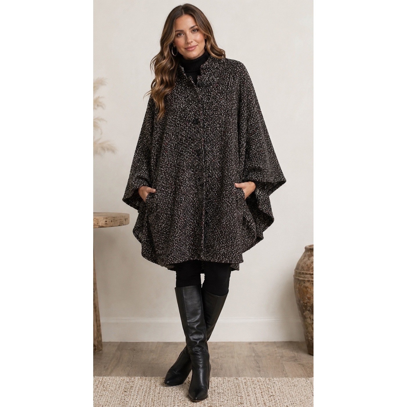 Vintage Herman Kay Wool Blend Tweed Cape Coat OS Made in USA Quiet Luxury Winter