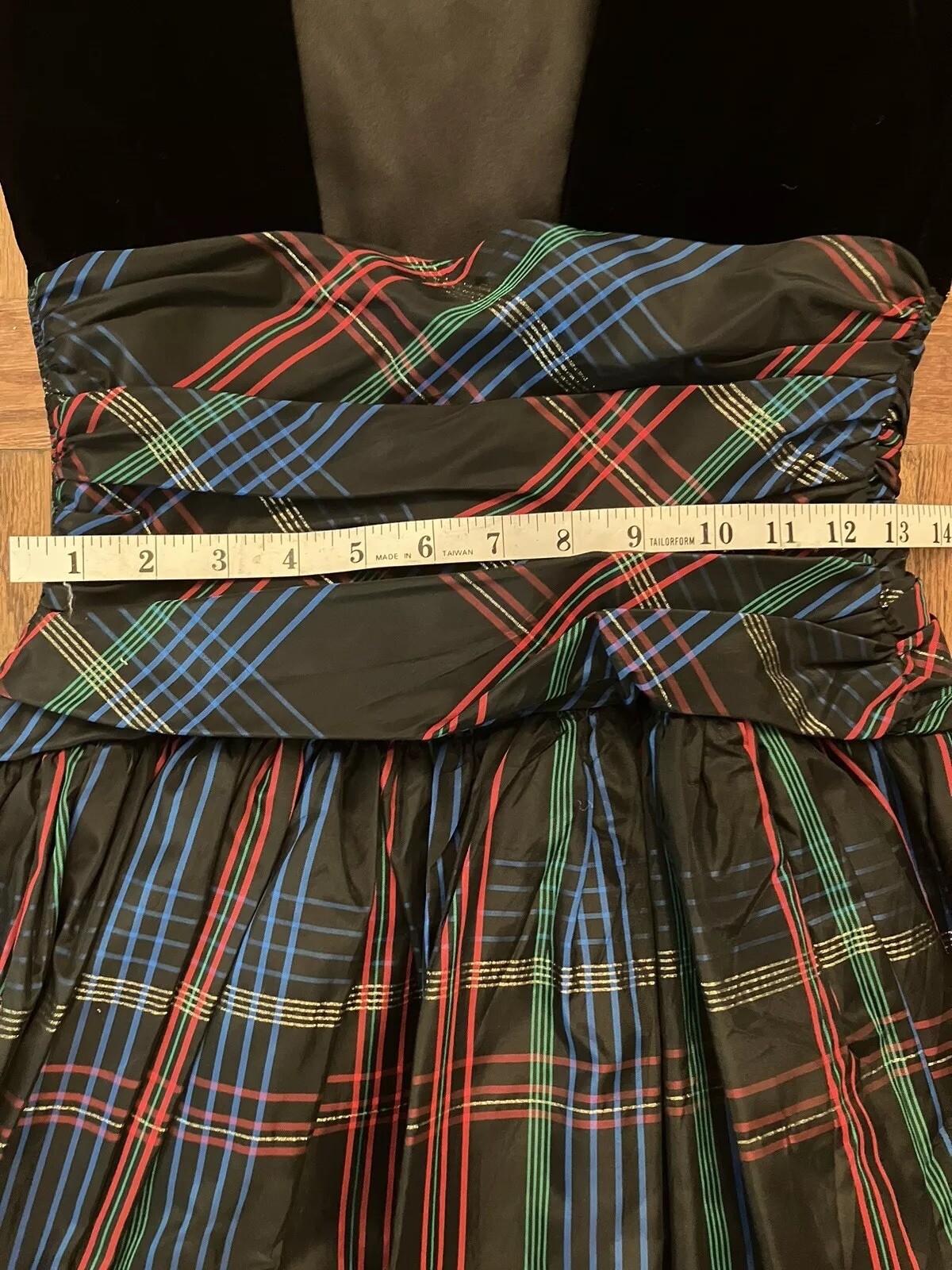 1980s Patty O`Neil Velvet & Plaid Taffeta Evening Dress, Ruching & Bow Size XS-S