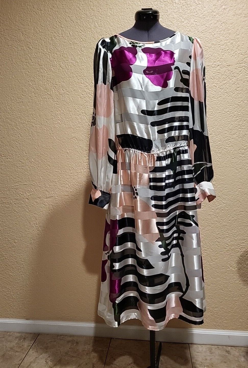 Jackie Taub Womens Dress Multicolor Striped Midi 3/4 Sleeve size 10 vintage