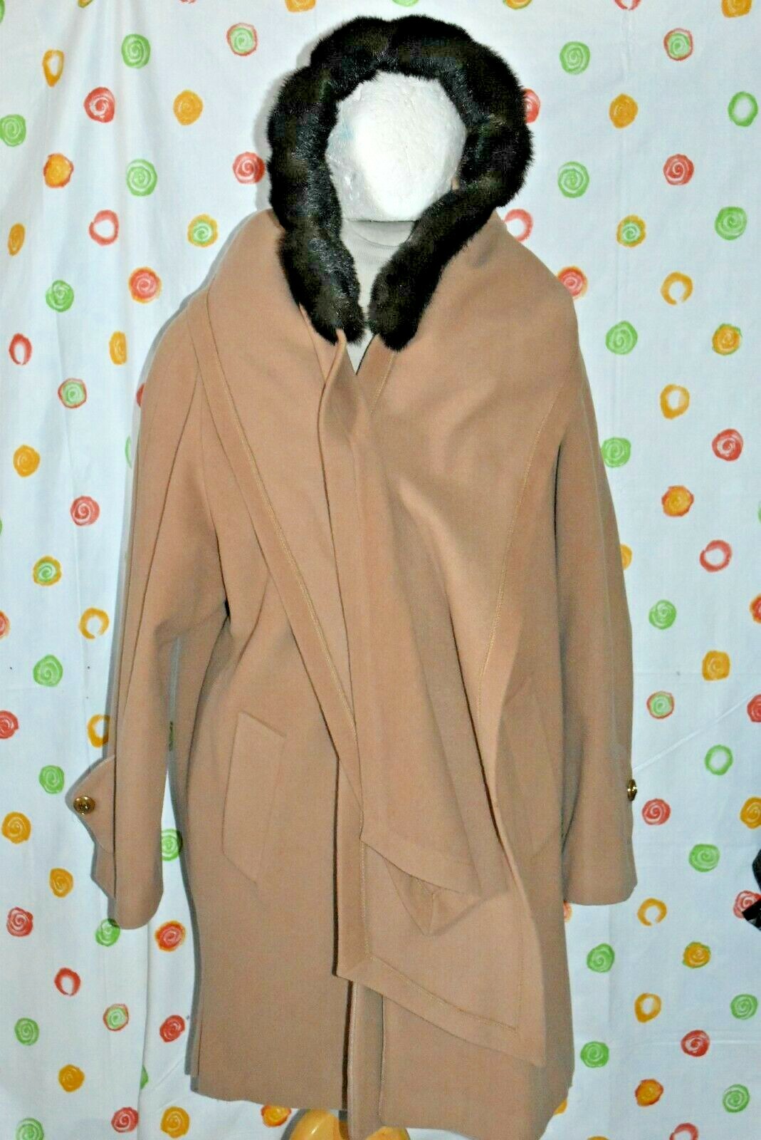 Vintage Dennis Basso WOOL blend BROWN DRESS hooded COAT WOMENS Large EUC