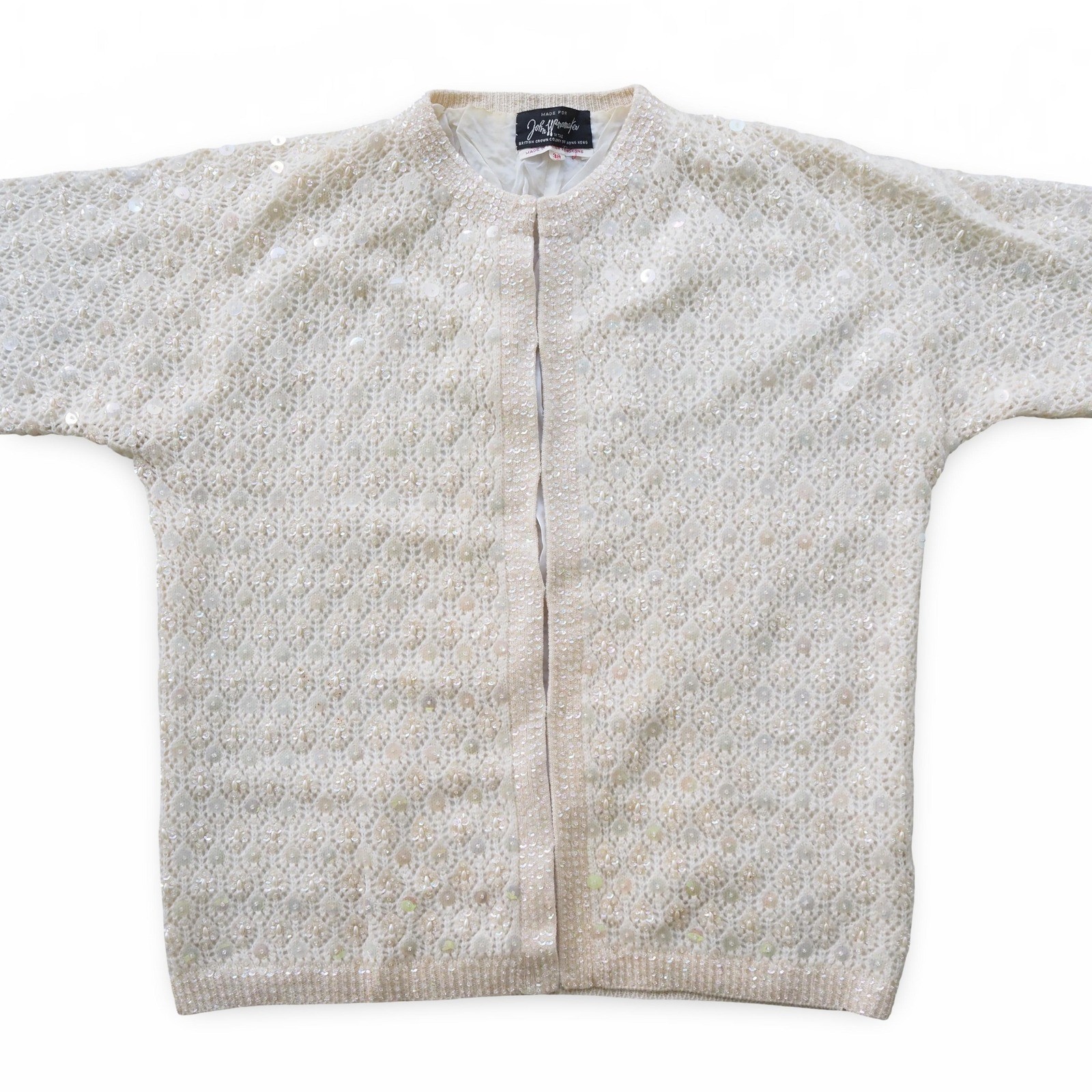 John Wanamaker Vintage Beaded Sequin Cardigan Women’s 38 Ivory Wool Open Front