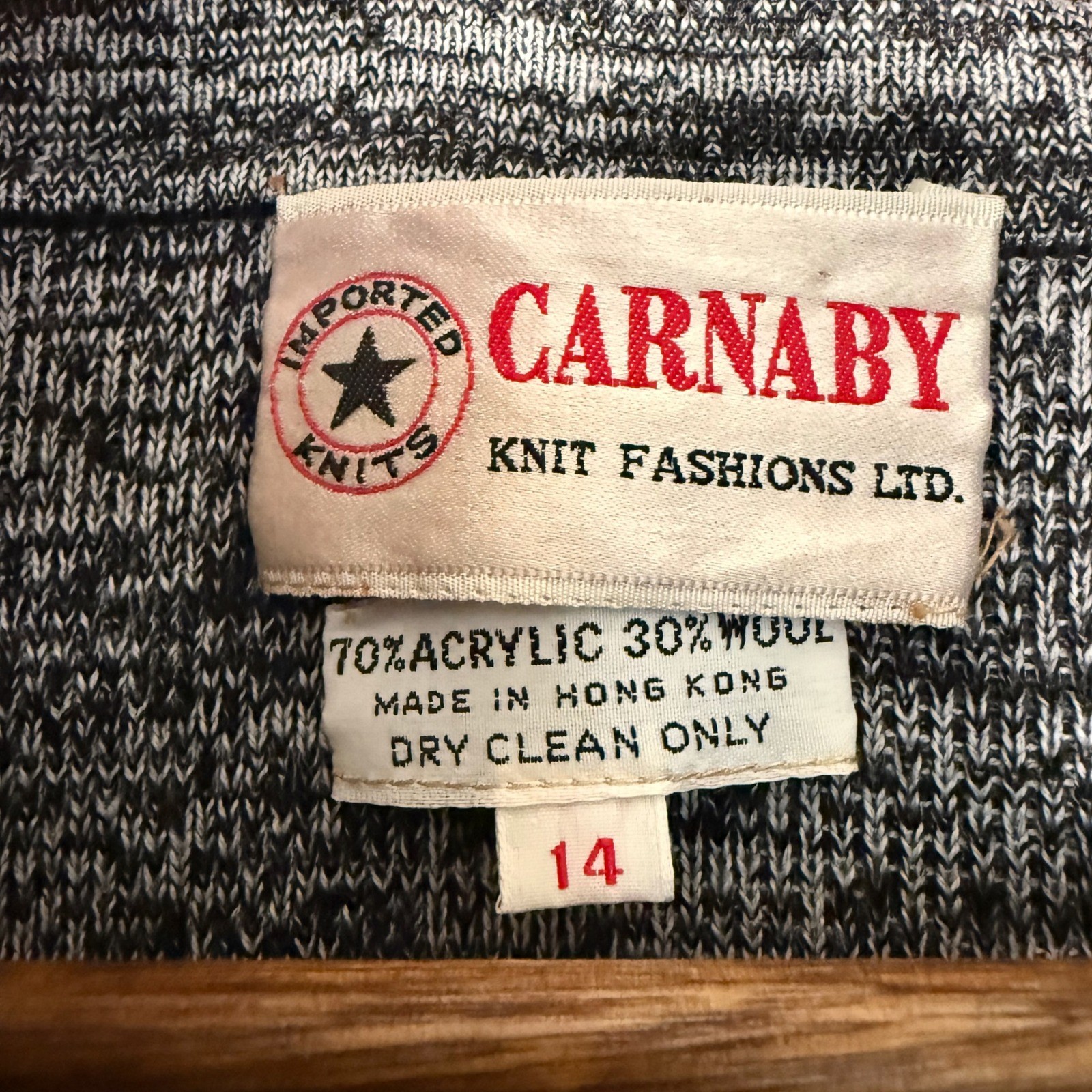 Vintage Carnaby Knit Fashions Grey Marled Striped Wool Blend Cardigan Size 14