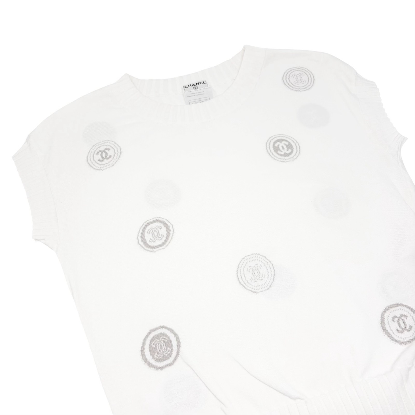 CHANEL Vintage 01P CC Logo Stamp Logo Knit Shirt Top #38 White Greige 901829