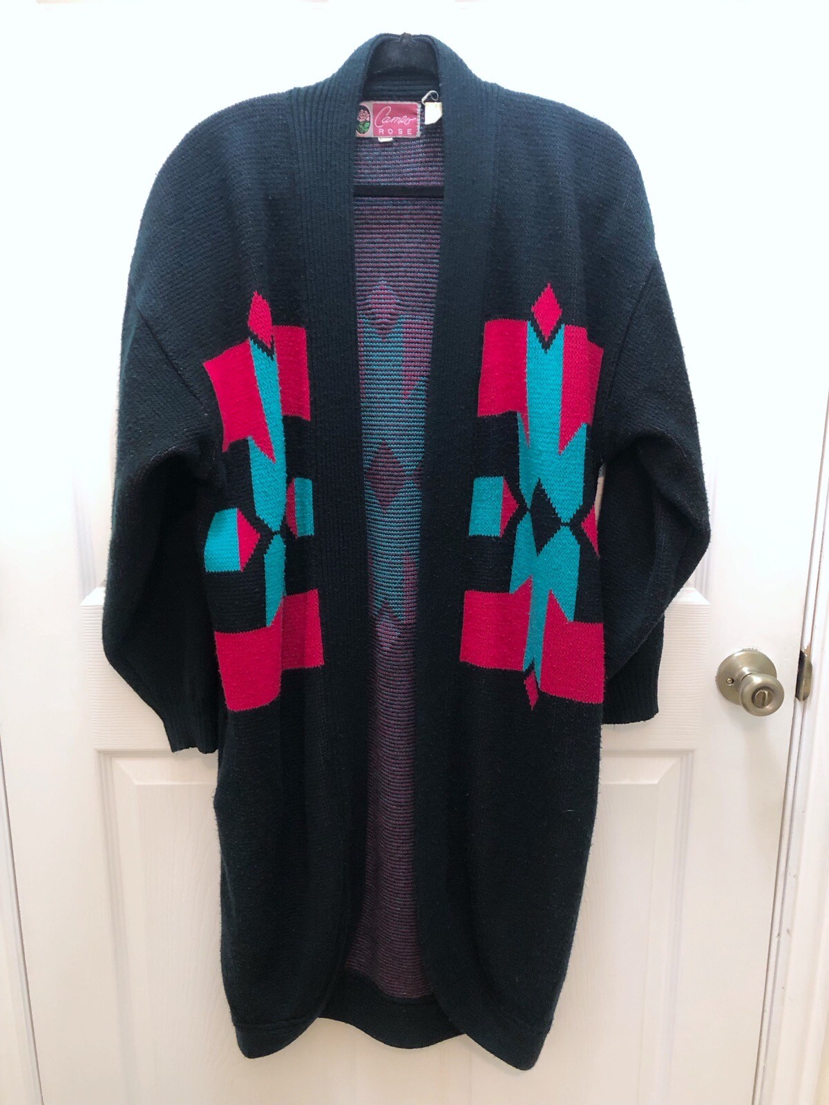 Vintage Cameo Rose Long Open Sweater S M L Boho Aztec Southwestern 80s Duster