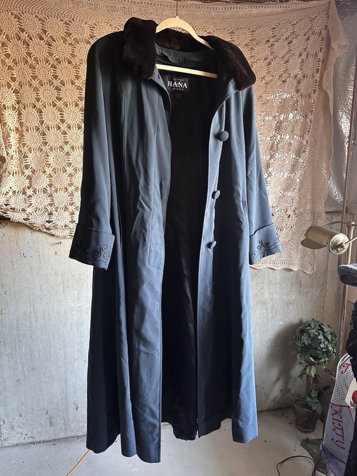 Vintage 90s HANA USA Long Teal Coat Fur Collar Soutache Trim S