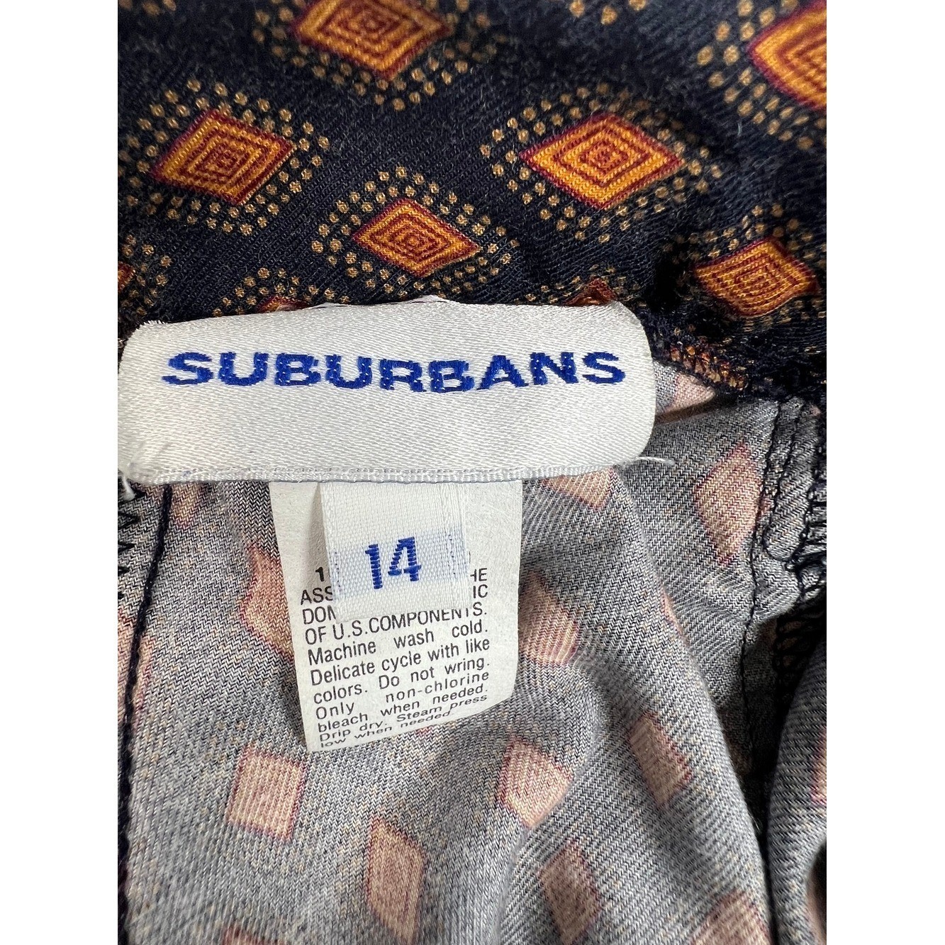 Suburbans Vintage Midi Skirt Womens 14 Navy Orange Diamond Rayon Pockets Boho