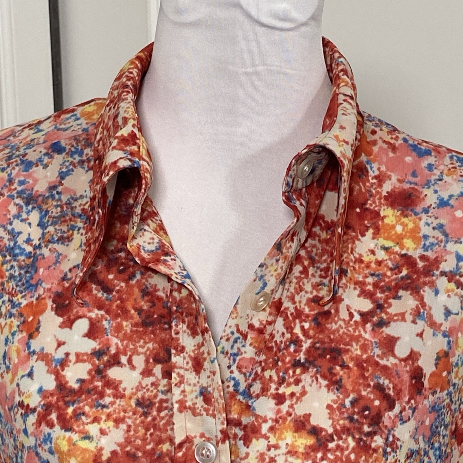 VTG 70’s Sheer Button Up Dagger Collar Shirt Red Disco Floral Secretary Size S/M