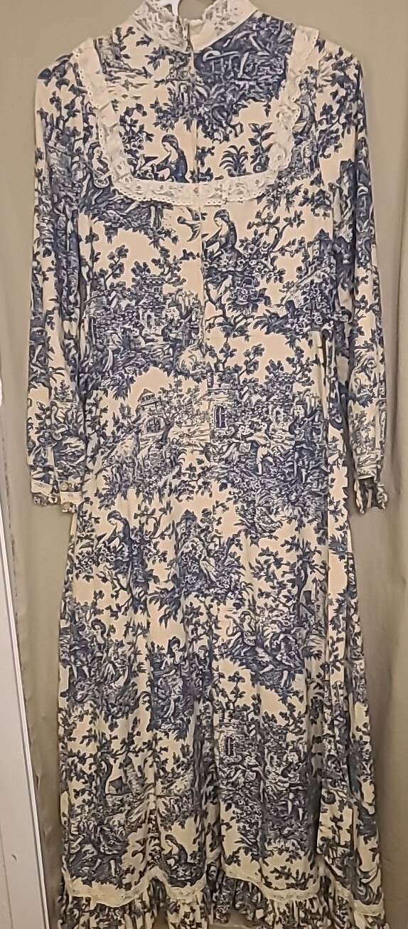 Gunne Sax Jessica Mcclintock Toile De Jouy Prarie Dress Vtg 70s Sz 9 Blue Cream