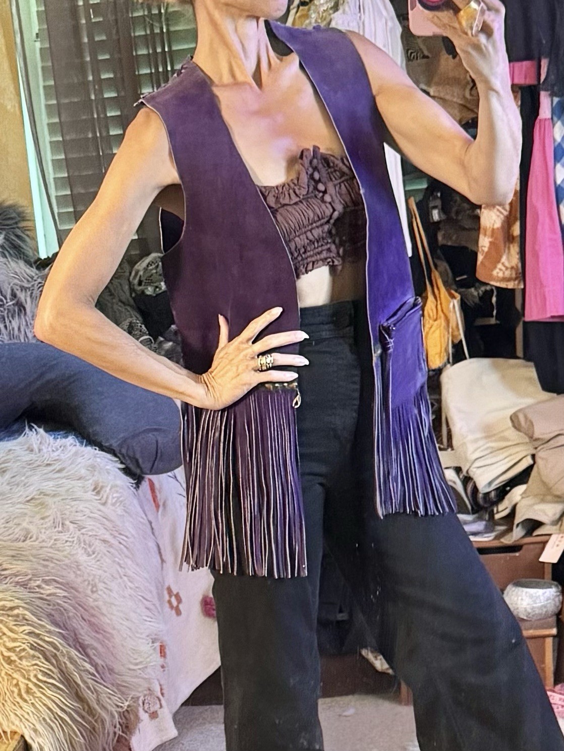 Vtg 70s Purple Leather Suede Vest Fringe Pocket Boho Rock Star Jacket Unisex